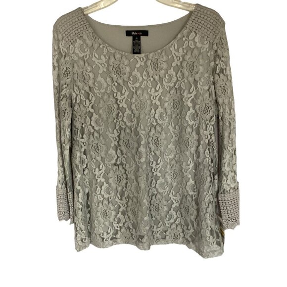Style & Co NWT Blouse Long Sleeve Gray Lace Overlay Pullover Women's Size Medium - Picture 1 of 8